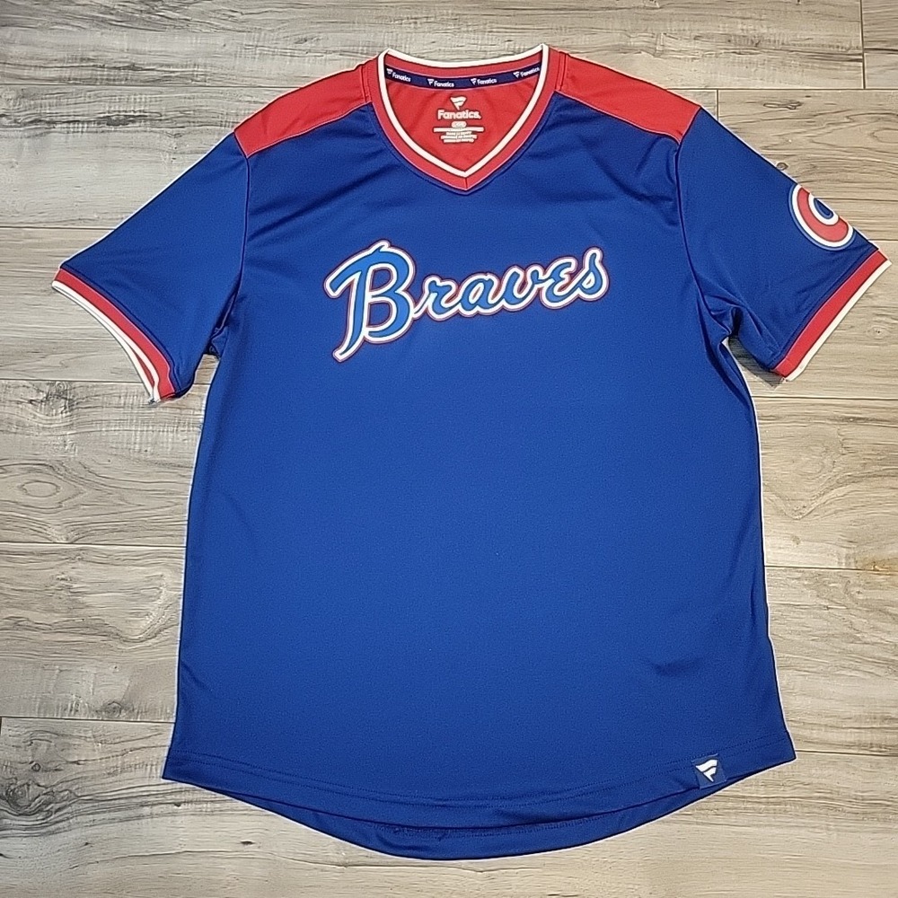 Braves Jersey Adult‎ Large Fanatics Blue Red Jersey V-Neck Short Sleeve Pullover